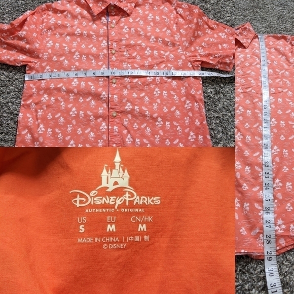 Disney Parks orange white tropical Mickey Mouse short sleeve button up S - Picture 8 of 8